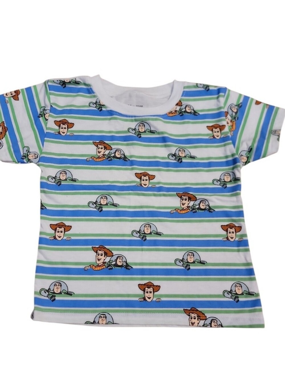 Kids Striped Toy Story Character Tee in White, Blue & Green